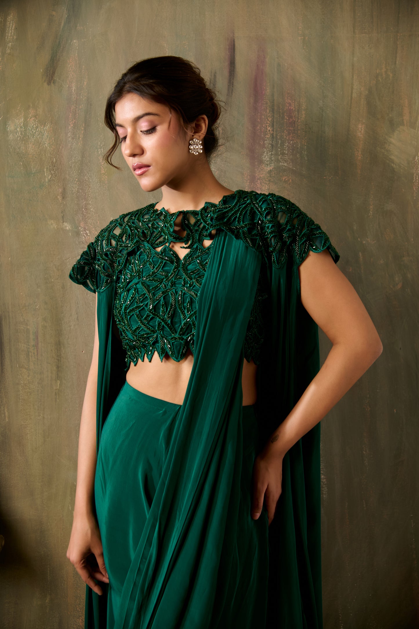 LEHAR CUTWORK CAPE DRAPE SAREE